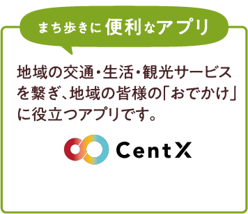 
              まち歩きに便利なアプリ 地域の交通・生活・観光サービスを繋ぎ、地域の皆様の「おでかけ」に役立つアプリです。