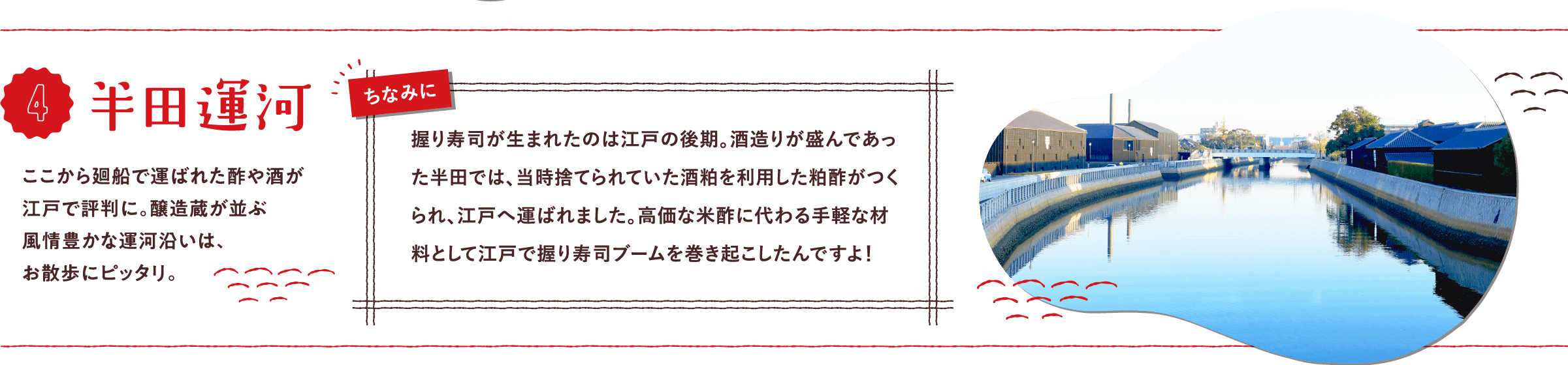 半田運河 ここから廻船で運ばれた酢や酒が江戸で評判に。醸造蔵が並ぶ風情豊かな運河沿いは、お散歩にピッタリ。 ちなみに 握り寿司が生まれたのは江戸の後期。酒造りが盛んであった半田では、当時捨てられていた酒粕を利用した粕酢がつくられ、江戸へ運ばれました。高価な米酢に代わる手軽な材料として江戸で握り寿司ブームを巻き起こしたんですよ！