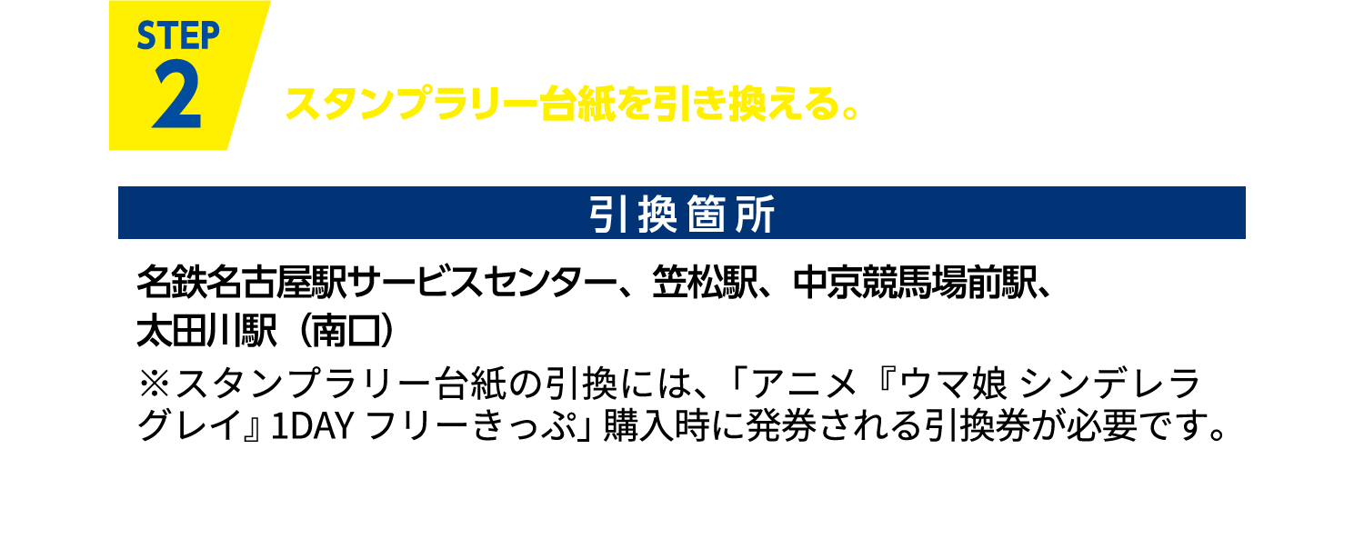 Step2 以下の引換箇所にて、スタンプラリー台紙を引き換える。引換箇所 名鉄名古屋駅サービスセンター、笠松駅、中京競馬場前駅、太田川駅（南口）※スタンプラリー台紙の引換には、「アニメ『ウマ娘 シンデレラグレイ』1DAYフリーきっぷ」購入時に発券される引換券が必要です。