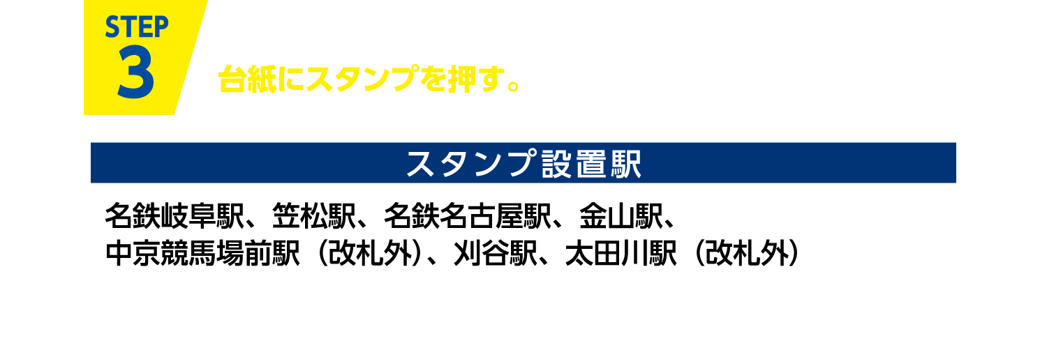 Step3 スタンプ設置駅に行き、台紙にスタンプを押す。スタンプ設置駅 名鉄岐阜駅、笠松駅、名鉄名古屋駅、金山駅、中京競馬場前駅（改札外）、刈谷駅、太田川駅（改札外）