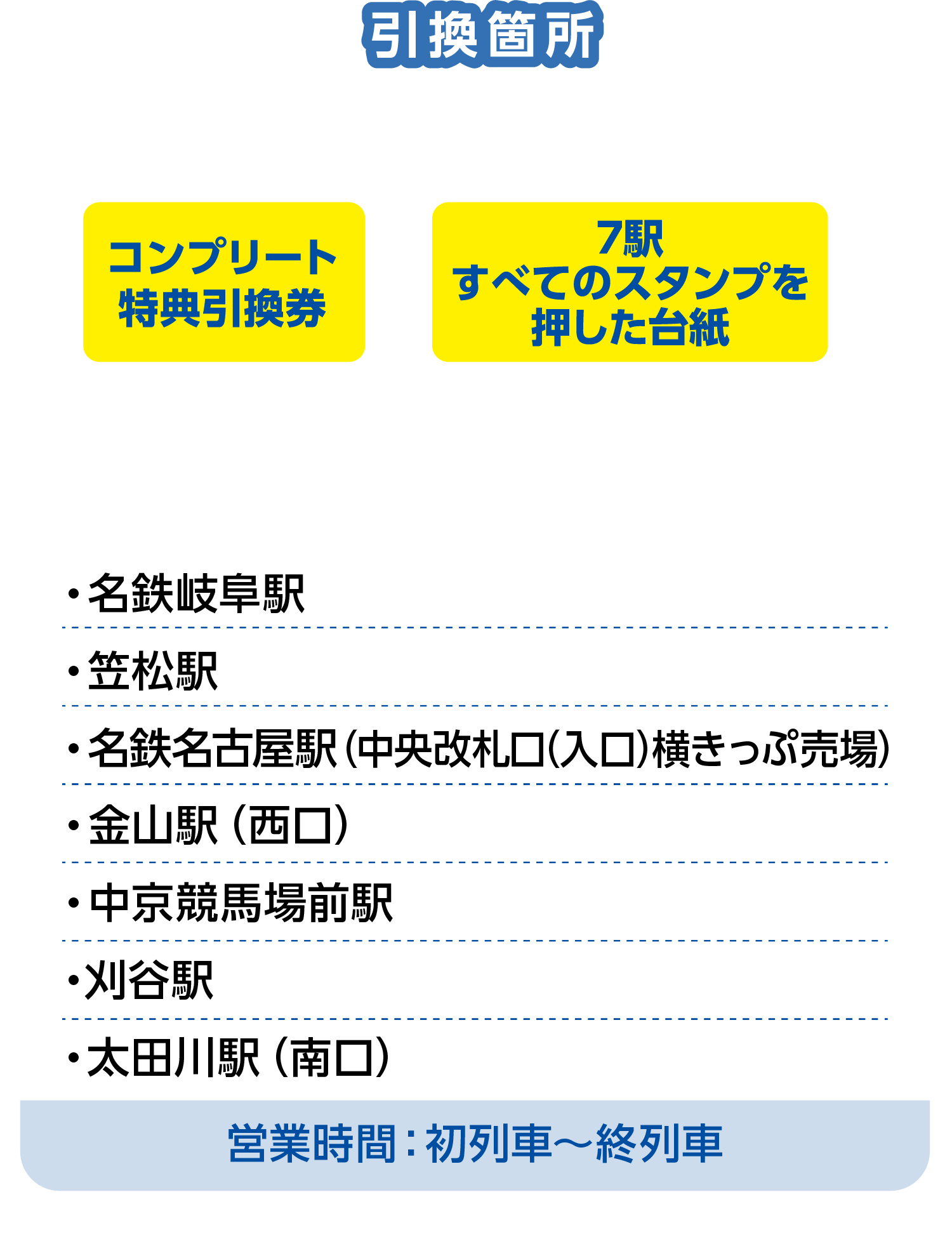 引換箇所 スタンプが集まったら、コンプリート特典引換券と7駅すべてのスタンプを押した台紙をスタンプ設置駅の窓口までお持ちください。・名鉄岐阜駅・笠松駅・名鉄名古屋駅（中央改札口）・金山駅（西口）・中京競馬場前駅・刈谷駅・太田川駅（南口）営業時間：初列車～終列車 ※引換は、2025年6月30日（月）まで行います。