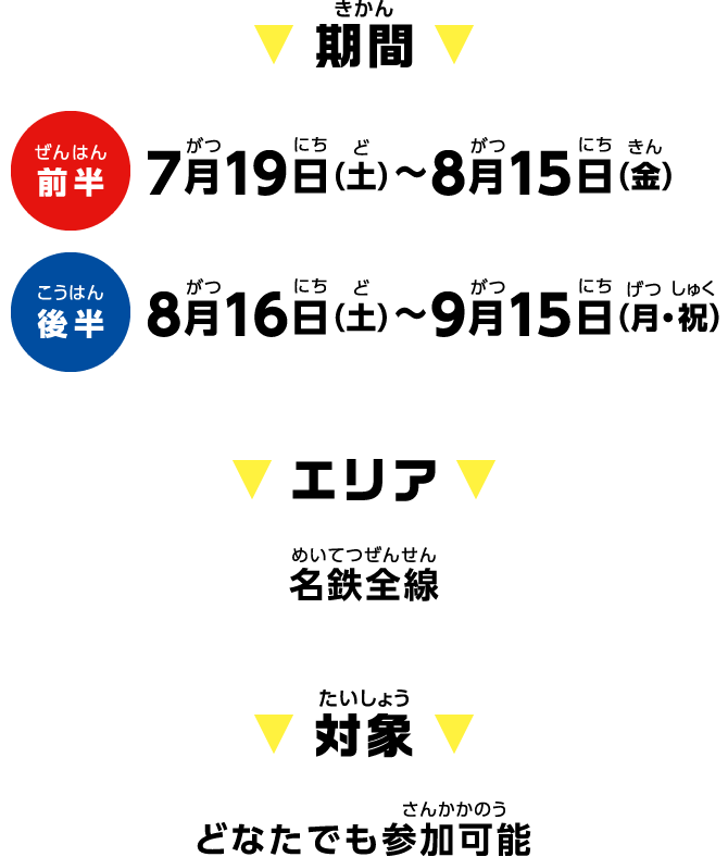 【期間】前半：7月19日（土）〜8月15日（金） 後半：8月16日（土）〜9月15日（月・祝）【エリア】名鉄全線【対象】どなたでも参加可