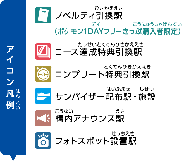 【アイコン凡例】ノベルティ引換駅（ポケモン1DAYフリーきっぷ購入者限定）、コース達成特典引換駅、コンプリート特典引換駅、サンバイザー配布駅・施設、構内アナウンス駅、フォトスポット設置駅
