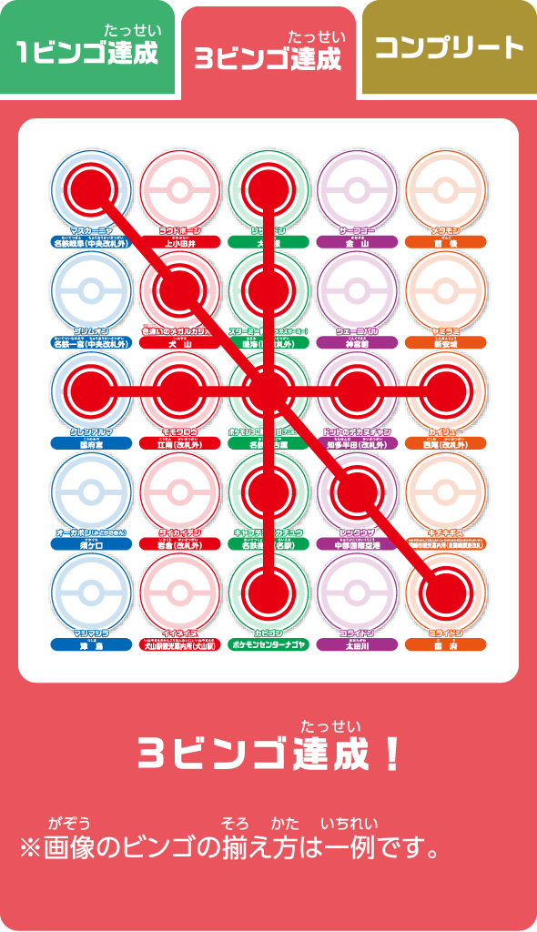 3ビンゴ達成！ ※画像のビンゴの揃え方は一例です。